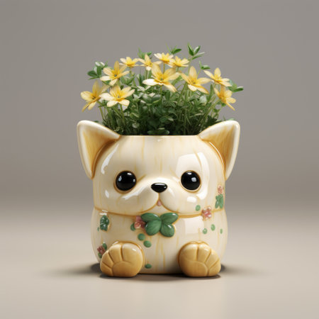 the little teddy bear sits on a cat planter, showcasing a realistic hyper-detailed rendering. the image features a light yellow and green color palette, adorned with delicate flowers. with expressive character designs and playful caricature, this uhd image captures the essence of kimoicore. ai generatedの素材