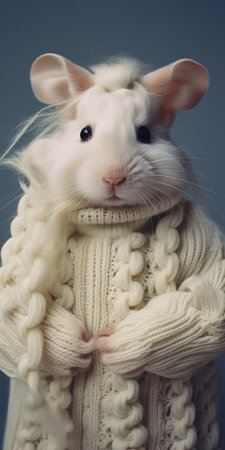 white dog jumping into a kitsch aesthetic sweater, captured with the laowa 100mm f/2.8 2x ultra macro apo lens. this bunnycore-inspired photo showcases elements of flemish baroque art and is shared on flickr. the sweater is made of vines, giving it a unique and natural touch, while the ivory color adds a touch of elegance. ai generatedの素材