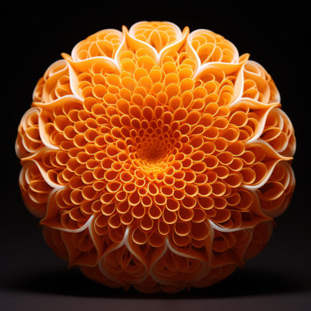 a detailed and intricate paper sculpture of a flower with many petals in front of it. the composition, created by scott gustafson, showcases elaborate fruit arrangements in light yellow and dark orange hues. captured through a large format lens, the photo highlights the beauty of repetition in this stunning artwork. ai generatedの素材