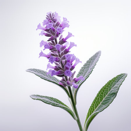 purple flower with green leaves on a white background, featuring a smokey style reminiscent of horia bernea and sofonisba anguissola. the image showcases the use of traditional techniques and the artistic rendering achieved through octane render. captured beautifully under studio lighting by the talented photographer, danh v. ai generatedの素材