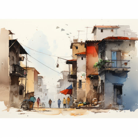a painting on paper capturing people walking in the street, reminiscent of colorful ink wash paintings. this contemporary indian art piece showcases vernacular architecture and realistic scenery. the uhd image highlights the details of rusty debris, while the light azure and red hues add vibrancy to the composition. ai generatedの素材