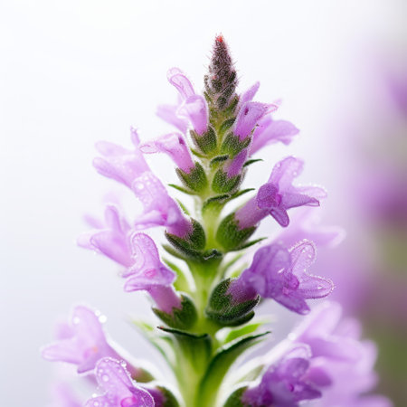 a close-up of a purple flower dipped in water, showcasing delicate markings. the softbox lighting style enhances the vibrant colors, while the high-key lighting creates a bright and ethereal atmosphere. this norwegian nature-inspired image features light green and light gray tones, adding a touch of tranquility. the composition exudes a unique blend of snailcore and dutch tradition. ai generatedの素材