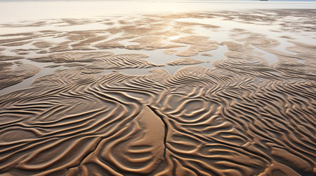 a sea wave crashes onto the sandy beach at sunrise, with the vast ocean stretching out in the background. this captivating photo captures the striking symmetrical patterns created by the wave, reminiscent of british topographical art. taken by renowned photographer peter gric, this high-quality image showcases the cellular formations of the wave, offering breathtaking views of the suffolk coast. ai generatedの素材