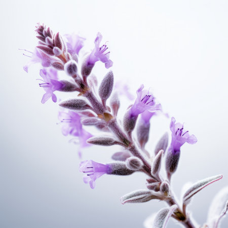 a close-up of a flower on a gray background, featuring a softbox lighting setup. the photo showcases a beautiful combination of light purple and light gray tones, capturing the naturalistic depiction of flora and fauna. shot with a konica auto s3 camera, this image embodies the prairiecore aesthetic. the flower stands out against the white background, adding a touch of elegance reminiscent of rubens' art.の素材
