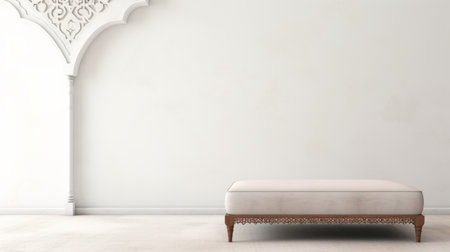 a wooden ottoman sits in the center of an empty white room, framed by an arched window. the room is designed in a light beige and pink color scheme, with realistic detailing and indian motifs. the style can be described as opulent minimalism, featuring luxurious fabrics and a combination of dark white and light gray tones. the photo is captured in stunning 8k resolution. aiの素材