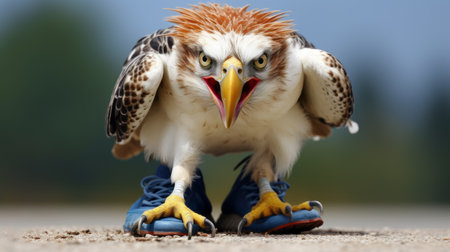 a bird with wings and a blue shoe on its head, showcasing animal intensity and exaggerated expressions. this national geographic photo captures the raw and edgy beauty of the bird, with a strong facial expression. the dark white and light orange colors add to the patriotic feel of the image. ai generatedの素材