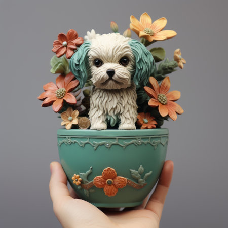 a ceramic dog with flowers in the ground, featuring a hyper-realistic animal illustration style by chie yoshii. the dog is beautifully designed with light turquoise and light emerald colors, showcasing intricate details. the character design is meticulously crafted by myroslava sviridova, with toy-like proportions in dark white and dark orange shades. ai generatedの素材