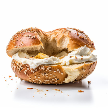 a sliced bagel with cream cheese, showcasing a mediterranean-inspired twist. the photo is captured in stunning 8k resolution and enhanced with the artistic sabattier filter. the composition exudes a vibrant and expansive yellow hue, reminiscent of the nabis art movement. ai generatedの素材