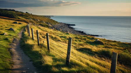 a path winds its way towards a grassy cliff edge, offering breathtaking views of the ocean. bathed in golden light, this traditional british landscape captures the essence of eco-friendly craftsmanship. with the use of zeiss milvus 25mm f/1.4 ze lens, the detailed marine views are brought to life in stunning 32k uhd resolution. ai generatedの素材