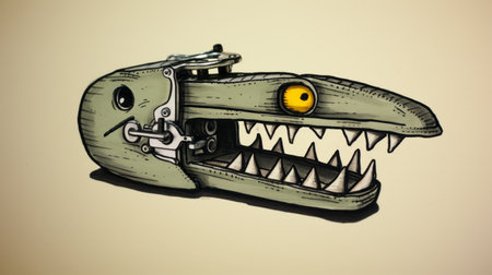 a cartoon dinosaur with teeth on it, featuring industrial machinery aesthetics and surreal animal hybrids. this unique creation showcases a blend of steampunk-inspired designs and the iconic leica r8 camera. the dinosaur is depicted in a striking color combination of light yellow and dark silver, adding to its captivating appeal. this artwork is a perfect representation of the emerging duckcore trend, with a touch ofの素材