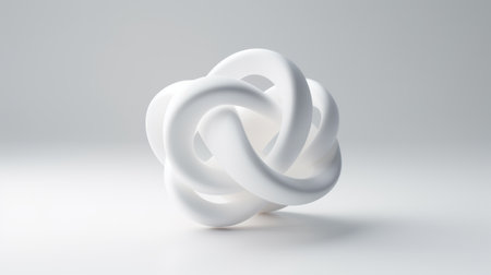an origami knot sculpture, created in the style of octane render, is showcased on a clean white background. the sculpture features rounded shapes, soft edges, and blurred details, giving it a sense of depth and dimension. luminous spheres add a touch of elegance to the overall design, while the matte background and clean lines emphasize the sculpture's pure forms and curvaceous simplicity. ai generatedの素材