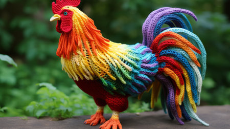 a crocheted rainbow colored rooster, with intricate details and fine feather work, sits in a grassy pile. this unique creation combines elements of chinapunk, rubber art, net art, aurorapunk, and photorealistic pastiche, resulting in a visually stunning and vibrant composition. ai generatedの素材