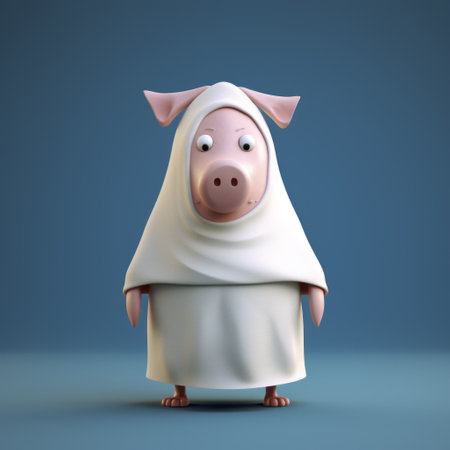 3d pig wearing a shawl and old robe, showcasing a quirky character design in the style of figurative minimalism. this unique creation draws inspiration from renowned artists such as moosa al halyan, hayao miyazaki, and bill gekas. the white pig exudes simplicity and charm, making it a delightful addition to any collection. ai generatedの素材