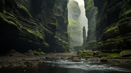 a river gracefully winds its way through a captivating cave of rocks on a serene hillside. this misty gothic-style photo captures the essence of a national geographic image, with its terragen-like scenery adorned in shades of light black and green. the scene evokes a sense of the western zhou dynasty, reminiscent of scottish landscapes, and even hints at post-apocalyptic backdrops. ai generatedの素材