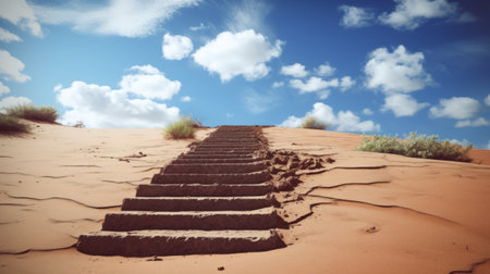 large steps lead up to the sandy entrance of the desert, surrounded by detailed skies and eroded surfaces. this matte photo captures the whimsical dreamscapes of the desert, reminiscent of traditional illustrations depicting psychological phenomena. ai generatedの素材