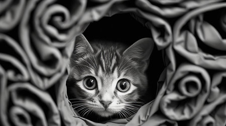 a black and white cat with emotive facial expressions peeks out of a round hole, resembling luxurious drapery. the detailed background elements in dark pink and gray add depth to this national geographic-style photo. the cat's sheet film-like appearance exudes childlike innocence and charm. ai generatedの素材