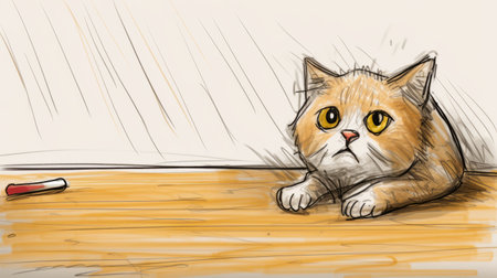 a cat sits on a wood floor next to an orange candle, showcasing dynamic sketching and wet-on-wet blending techniques. this digital artwork draws inspiration from the styles of mike ploog and allie brosh, while also incorporating elements of george stubbs' work. the flattened perspective adds a unique touch to the composition. ai generatedの素材