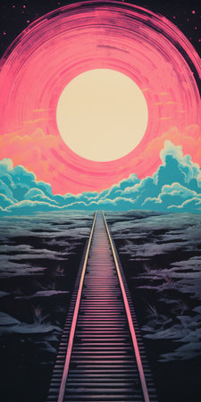 a train track stretching towards the sky, surrounded by vibrant colors of dark pink and dark aquamarine. this psychedelic illustration captures the essence of a vintage poster design, with detailed marine views and graphic rock-inspired compositions. the layered imagery adds a touch of subtle irony to this captivating scene. infrared effects enhance the overall visual appeal. ai generatedの素材