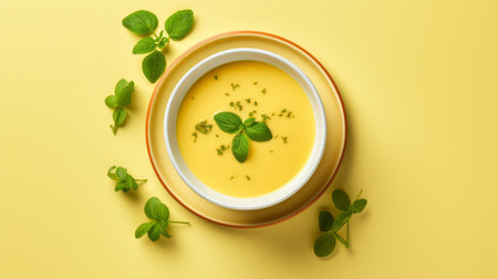 a photo of a soup with a bowl of spinach is captured on a vibrant yellow background, reminiscent of botanical impressions. the image showcases a harmonious blend of light yellow and light orange hues, creating a visually appealing composition. taken with a nikon af600, the photo exhibits delicate markings in light yellow and light purple, while the bowl's smooth surface shimmers in light yellow andの素材