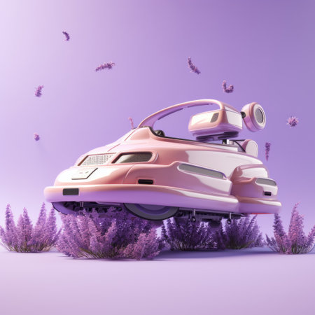 a pink car soars gracefully above vibrant lavender fields, embodying the essence of futuristic robots. this stunning image, captured by the talented artist niko henrichon, showcases meticulous photorealistic still lifes with a touch of cartoon compositions. the floralpunk aesthetic is enhanced by the car's streamlined design, combining shades of white and violet for a visually captivating scene. ai generatedの素材
