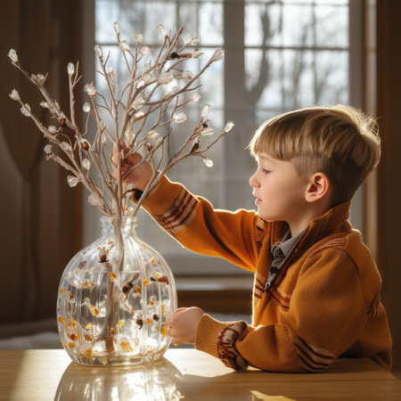 a young boy carefully placing leaves into a tree outside a window. the photo showcases a beautiful blend of light silver and light amber tones. the scene is enhanced by decorative vessels made of beads and yarn, adding a touch of elegance. the overall color scheme features light amber and beige hues. the image is captured in stunning 8k resolution, highlighting every detail. ai generatedの素材