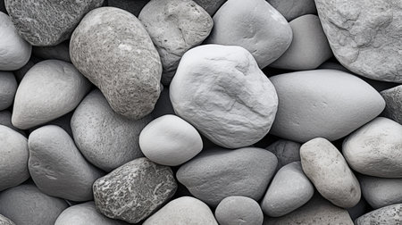 a pile of white and grey stones is showcased in this monochromatic study. the accurate and detailed depiction resembles meticulous still lifes, reminiscent of the style of giorgione. the image is digitally enhanced, highlighting the natural fibers and creating a captivating monochromatic imagery. ai generatedの素材