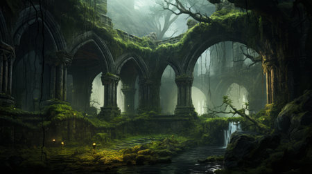 fantasy castle ruins in a mystical woodland setting, featuring atmospheric imagery with dark green and green hues. this high-resolution fantasy wallpaper captures the eerily realistic beauty of a world filled with mystical creatures and landscapes. inspired by the styles of die brucke and aleksandr deyneka, it immerses viewers in a captivating fantasy world. ai generatedの素材