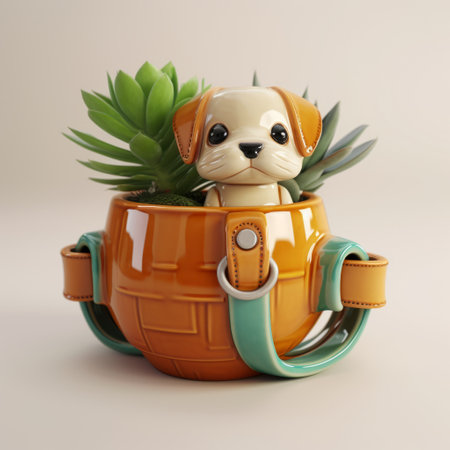 a 3d rendering of a dog sitting inside a pot placed on top of a brown bag. the artwork is created in the style of light orange and light green, with a focus on hard surface modeling. inspired by the works of makoto shinkhai and jeremiah ketner, the image showcases a realistic usage of light and color. captured using a canon f-1 camera, the sceneの素材