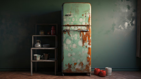 an old refrigerator sits in the corner, blending realism with surrealistic elements. the dark orange and light green colors add a touch of soft realism, while the dark aquamarine and brown tones create a unique atmosphere. the image showcases an apple core, emphasizing environmental awareness. this 32k uhd photo captures the essence of a vintage appliance with a modern twist. ai generatedの素材
