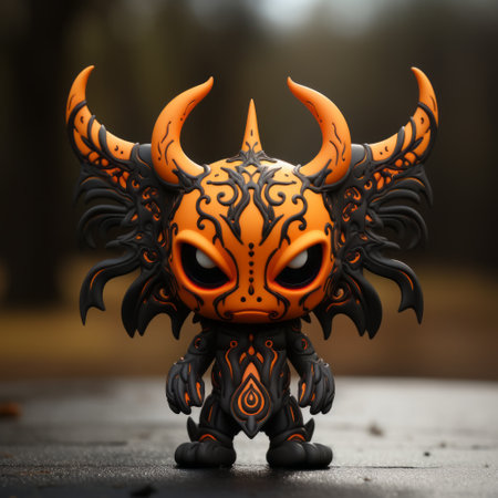 a new funko pop demon with horns has arrived, featuring a unique design inspired by dayak and celtic art. rendered in cinema4d, this collectible figure showcases a striking combination of light orange and dark black colors. created by naoto hattori, the demon's design is enhanced by a low depth of field and high contrast chiaroscuro effect. ai generatedの素材