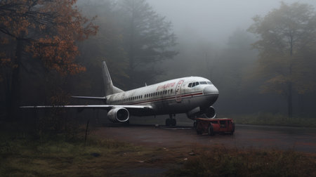 passenger plane on misty gothic runway, surrounded by trees. hyperrealistic portraiture captures the dark white and light maroon ambiance. nikon d750 with samyang 14mm f28 if ed umc aspherical lens used by gregory crewdson for this urban exploration photo. ai generatedの素材