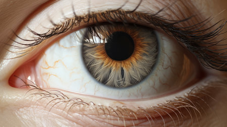 the eye of a woman captured in a hyperrealistic illustration style, showcasing a mesmerizing blend of gray and amber hues. this photorealistic image boasts intricate details, with highly detailed figures and a captivating play of dark white and light orange tones. the artist's realistic attention to detail shines through in this stunning illustration. ai generatedの素材
