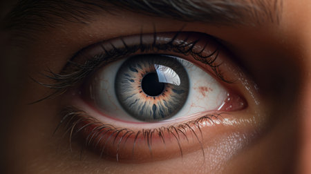 the man's eye is depicted in a hyper-detailed and realistic style, showcasing various color options. this surrealistic horror-inspired rendering, created using vray tracing, features a 32k uhd resolution. the eye is illuminated with a captivating combination of light indigo and orange, while maintaining a sense of mechanical realism. the overall composition includes realistic human figures. ai generatedの素材
