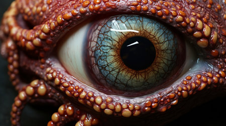 an eye with multiple blue tentacles, showcasing photorealistic detail in a captivating national geographic photo. the vibrant colors of light maroon and orange create a visually striking composition. this unique image combines elements of frogcore and dinopunk, featuring highly detailed figures with meticulous attention to detail. ai generatedの素材
