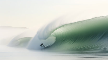 a large wave, perfect for wave surfing, captured in a minimal retouching style. the misty green hues create a serene atmosphere, while the mote kei and dusty piles add a touch of texture. shot with an agfa clack camera, the wave is beautifully highlighted by the rim light. ai generatedの素材