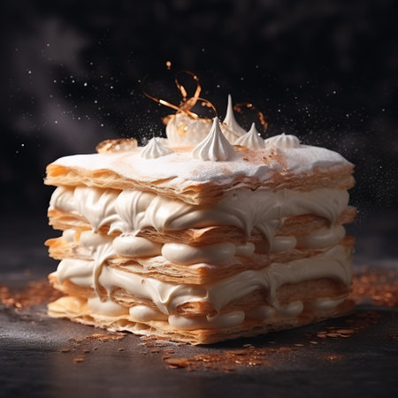 a stack of layered pastries with white frosting on the side, showcasing the artistic style of mike campau. the image captures fluid motion and movement, reminiscent of the work of marcin sobas. the richly detailed backgrounds add a touch of baroque grandiosity, with light gold accents and creased textures. ai generatedの素材