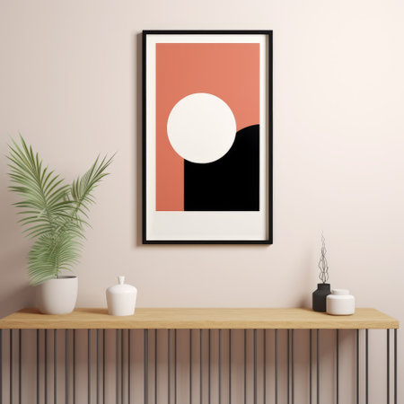 a large-scale painting featuring a minimalistic geometry style, showcasing an orange and black sun suspended above a table. inspired by the memphis design movement, this soft and romantic landscape is framed within a uhd image. the light pink and white hues add a touch of boldness and color to this captivating artwork. ai generatedの素材