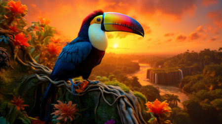 an exotic tropical bird perches gracefully on a branch, surrounded by a vibrant fantasy landscape. this stunning image showcases the use of vray tracing and post-processing techniques, resulting in a visually captivating scene. with velvia colors and vibrant caricatures, this digital artwork resembles a national geographic photo, showcasing the artist's skill in creating captivating and immersive landscapes. ai generatedの素材