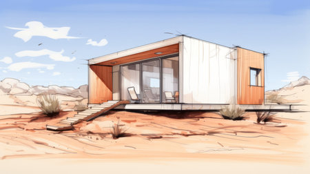 sketch of a desert house nestled in the mountains, showcasing industrial minimalism with a white and orange color scheme. the 32k uhd quality captures intricate details, while the soft and muted palette adds a touch of tranquility. inspired by marvel comics, this sketch features a sparse background, allowing the house to take center stage. shot with a minolta riva mini, this artwork exudes a uniqueの素材