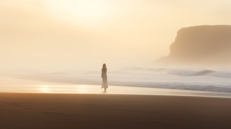 fog over the ocean creates a serene atmosphere, captured in this photo with a feminine touch. the flowing silhouettes blend harmoniously with the golden light, while the 8k resolution ensures stunning clarity. the minimalist figuration adds a touch of simplicity, with a color palette of white and amber enhancing the sense of quiet contemplation. ai generatedの素材