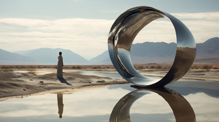 a large silver ring sits prominently in the middle of a vast desert landscape. this conceptual art piece showcases chrome reflections and photorealistic scenes, blending human sculptures with flowing surrealism. the matte painting technique adds depth to the composition, while the overall aesthetic draws inspiration from oriental minimalism. ai generatedの素材