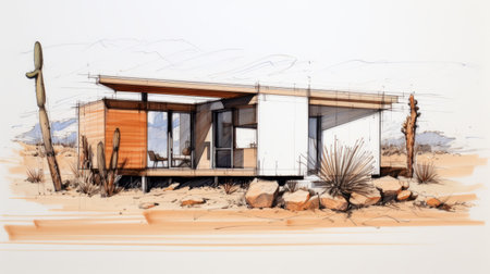 a sketch of a desert landscape showcasing palm tree bushes and a small house. inspired by the artistic styles of dustin nguyen, marcel breuer, and brent heighton, this image captures the essence of sustainable architecture with its timber frame construction. the 32k uhd resolution highlights the intricate details, while the color palette of dark white and light orange adds depth and warmth to the scene.の素材