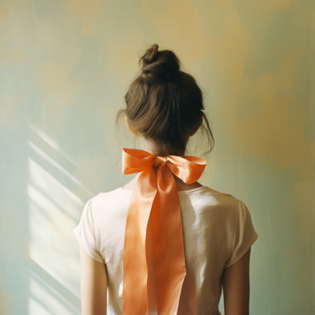 a girl's back adorned with a pink bow, captured in a nostalgic minimalistic style. the soft-focus technique enhances the portrait's soft lighting, showcasing the contrasting hues of dark orange and light azure. this academic-style photograph exudes a delicate blend of light white and light orange tones. ai generatedの素材