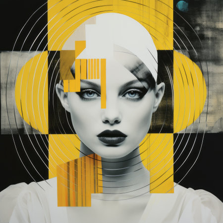 a black and white art on paper painting with gold accents, featuring glitch art and cubist-inspired portraits. the dark yellow and light silver tones add a touch of elegance to this fashion-illustration piece. the pristine geometry and captivating gaze create a surreal cyberpunk iconography. ai generatedの素材