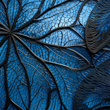 a black leaf painting with intricate line-work and layered mesh, featuring a blue leaf painting in an abstract style. this contemporary artwork, reminiscent of naoto hattori's style, showcases intricate webs and dark azure tones. the piece combines elements of abstract painting, floral motifs, macro photography, and relief sculpture. ai generatedの素材