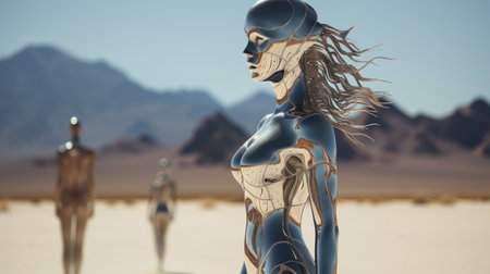 women in robot suits walking in the desert, showcasing planar art style. the dark azure and beige colors, rendered with vray, create a striking contrast. the women strike pensive poses, highlighting their fine attention to anatomy. this 8k image captures their chrome-plated suits, adding a futuristic touch to the scene. ai generatedの素材