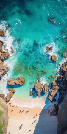 aerial view of a group of people on a beach near turquoise water, showcasing abstract seascapes and fluid photography. this australian landscape is captured in a uhd image, highlighting the light amber and turquoise hues. the attention to detail creates fantastical dreamscapes. ai generatedの素材