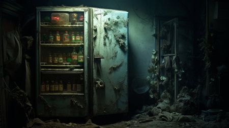 the photo showcases an old room from a video game, featuring a refrigerator. the room is depicted in an apocalyptic collage style, with nightmarish creatures and elements inspired by national geographic photos. the photo also incorporates advertising-inspired elements and photo-realistic landscapes. additionally, the room includes portraitures with hidden meanings, giving it a burned and charred appearance. ai generatedの素材