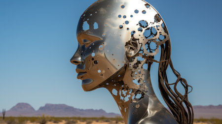 a silver sculpture of a man emerges from the desert, its head turned towards the vast expanse. crafted with liquid metal, this hyper-detailed piece showcases precisionism influences. with an 8k resolution, the sculpture's dotted texture adds depth and intrigue. despite its feminine features, the serene faces evoke a sense of tranquility. ai generatedの素材