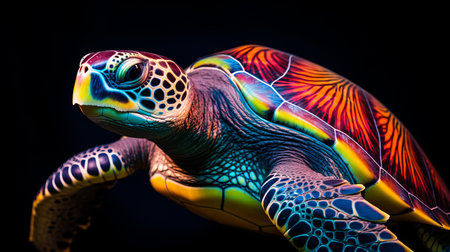 a large, colorful sea turtle with an adobe face is depicted in this 8k resolution image by michael page. the turtle's body art is designed in an optical illusion style, featuring monochromatic shadows and colorful curves. this uhd image showcases the intricate details of the animal figurine. ai generatedの素材